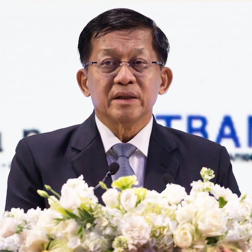 Myanmar President Min Aung Hlaing speaks during Thailand-Myanmar Business Forum in Bangkok, Thailand, Thursday, Aug. 6, 2026. (AP Photo/Wason Wanichakorn)