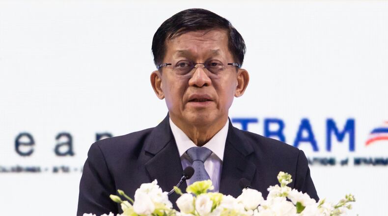 Myanmar President Min Aung Hlaing speaks during Thailand-Myanmar Business Forum in Bangkok, Thailand, Thursday, Aug. 6, 2026. (AP Photo/Wason Wanichakorn)