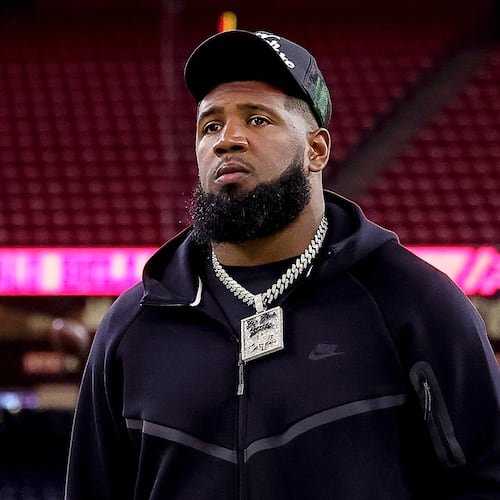 FILE - Buffalo Bills defensive tackle Ed Oliver arrives for an NFL football game against the Houston Texans, Nov. 20, 2025, in Houston. (AP Photo/Maria Lysaker, File)