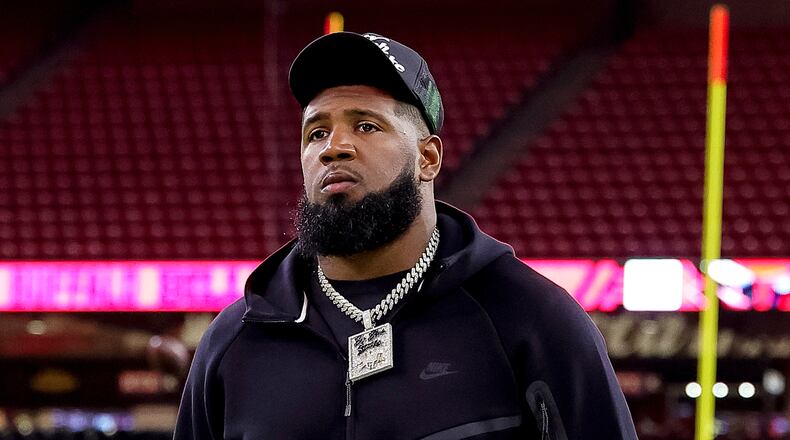 FILE - Buffalo Bills defensive tackle Ed Oliver arrives for an NFL football game against the Houston Texans, Nov. 20, 2025, in Houston. (AP Photo/Maria Lysaker, File)
