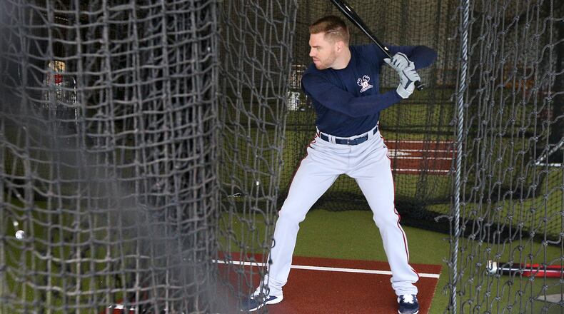 Braves first baseman Freddie Freeman takes his first swings of spring training on Feb. 16 at CoolToday Park in North Port, Fla.