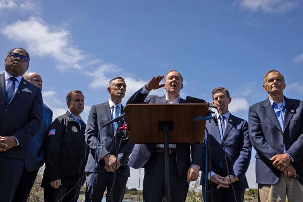EPA Administrator Lee Zeldin and other local and federal elected officials speak during a press conference about the ongoing Tijuana River sewage crisis Tuesday, April 22, 2025, in San Diego. (Ana Ramirez/The San Diego Union-Tribune via AP)