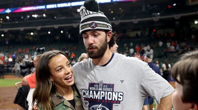 Dansby Swanson of the World Series-winning Atlanta Braves will speak during the February Marquee Monday breakfast of the Cobb Chamber on Feb. 14. Here he is with his fiancee, U.S. Soccer WNT forward Mallory Pugh. AJC file photo
