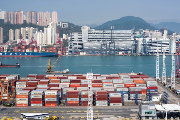 Containers pile up at Kwai Chung Container terminal in Hong Kong, Tuesday, Apr. 8, 2025. (AP Photo/Chan Long Hei)