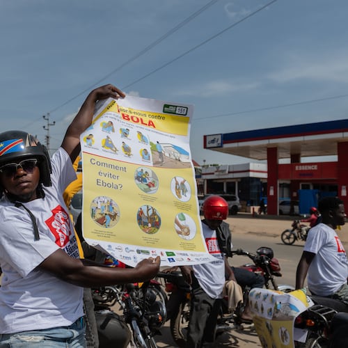 Motorcyclists join an awareness campaign organized by the World Health Organization (WHO) to combat Ebola in Bunia, Congo, Wednesday, June 10, 2026. (AP Photo/Moses Sawasawa)