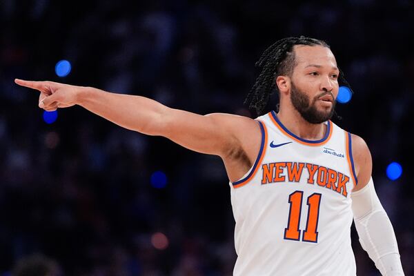 New York Knicks guard Jalen Brunson reacts during the second half of Game 1 in an NBA basketball first-round playoff series against the Detroit Pistons, Saturday, April 19, 2025, in New York. (AP Photo/Julia Demaree Nikhinson)
