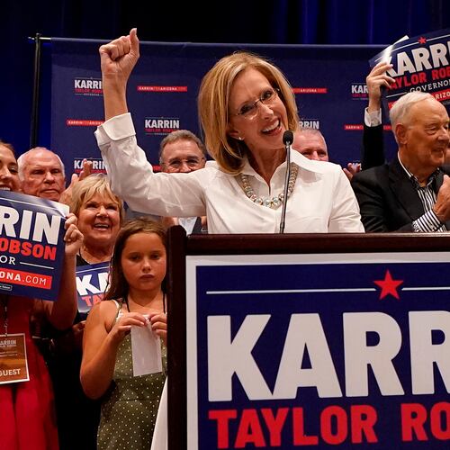 FILE - Republican Arizona Gubernatorial candidate Karrin Taylor Robson speaks to supporters at a campaign party, Aug. 2, 2022, in Phoenix. (AP Photo/Matt York, File)