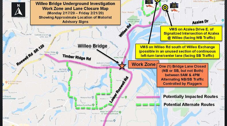 Beginning Monday, Feb. 17, soil-boring activity will close a single lane of the Willeo Road bridge at Willeo Creek on the border of North Fulton and Cobb counties. CITY OF ROSWELL