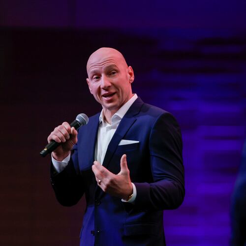 Former Atlanta United goalkeeper Brad Guzan answers questions from 2026 Board Chair Rich McKay during the Metro Atlanta Chamber’s annual meeting at the College Football Hall of Fame on Thursday, Nov. 13, 2025, in Atlanta. (Miguel Martinez/AJC)