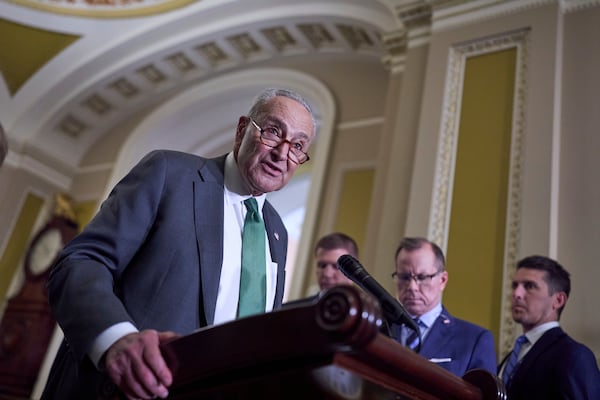 Senate Minority Leader Chuck Schumer, D-N.Y., meets with reporters at the Capitol in Washington, Tuesday, June 10, 2025. (AP Photo/J. Scott Applewhite)