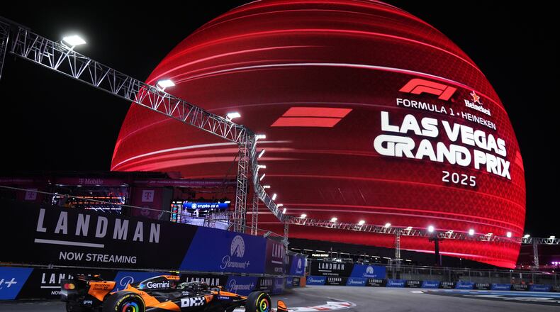 McLaren driver Lando Norris of Great Britain steers through a turn during a practice session for the Formula One U.S. Grand Prix auto race in Las Vegas, Thursday, Nov. 20, 2025. (AP Photo/Eric Gay)