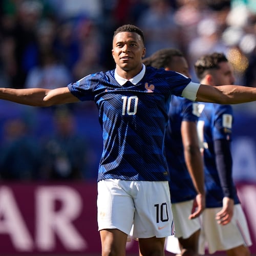 France's Kylian Mbappe celebrates after scoring his side's third goal during the World Cup Group I soccer match between France and Senegal in East Rutherford, N.J., near New York, Tuesday, June 16, 2026. (AP Photo/Frank Franklin II)