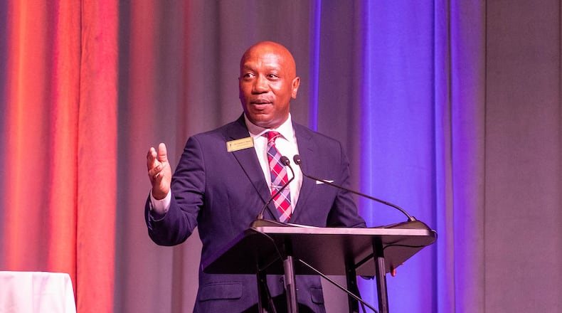 Gwinnett County Public Schools Superintendent Calvin Watts speaks during the annual new teacher orientation July 11, 2023. In response to Lt. Gov. Burt Jones' support for a proposal to pay teachers to carry guns in schools, Watts said couldn't see approving that type of measure. (Katelyn Myrick/katelyn.myrick@ajc.com)