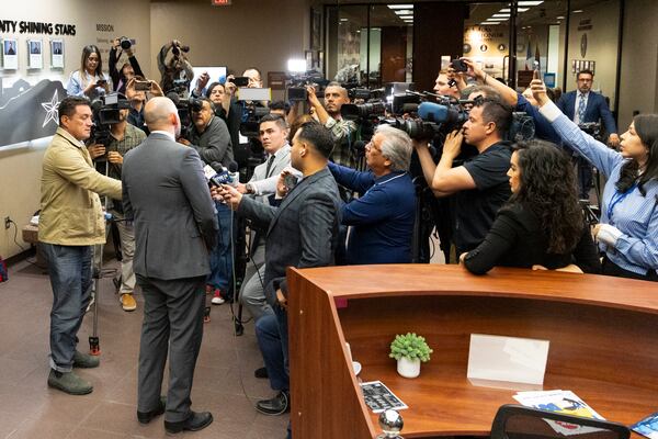 El Paso District Attorney James Montoya talks to media outside the 409th District Court after Patrick Crusius pleaded guilty in the death of 23 people in the Aug. 3. 2019 Walmart Mass shooting, Monday, April 21, 2025, in El Paso, Texas. (AP Photo/Ivan Pierre Aguirre)