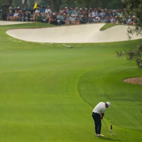 FILE - Brooks Koepka hits from the fairway on the seventh hole during the second round of the Masters golf tournament at Augusta National Golf Club on Friday, April 7, 2023, in Augusta, Ga. (AP Photo/Charlie Riedel, File)