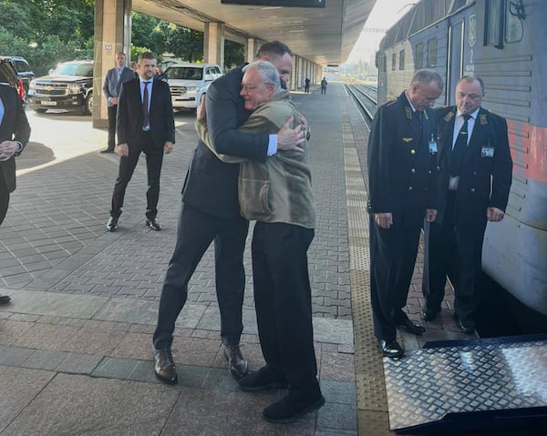 In this photo provided by the Ukrainian Presidential Press Office, Andriy Yermak, the head of Ukraine's Presidential Office, left, meets with United States Special Envoy for Ukraine and Russia, Joseph Keith Kellogg, at a train station in Kyiv, Ukraine, Monday, July 14, 2025. (Ukrainian Presidential Press Office via AP)
