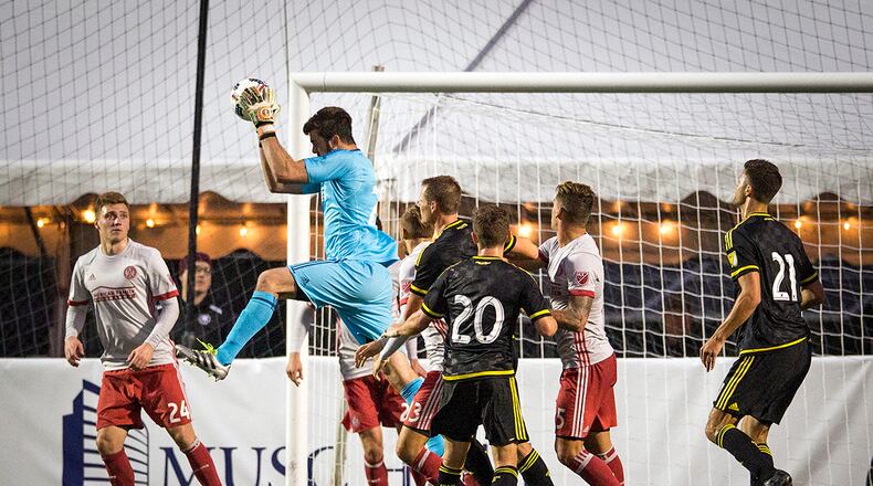 Atlanta United goalie Alec Kann grabs the ball out of the air Saturday, Feb. 18, 2017 in Charleston. (Photo by Alex Holt)