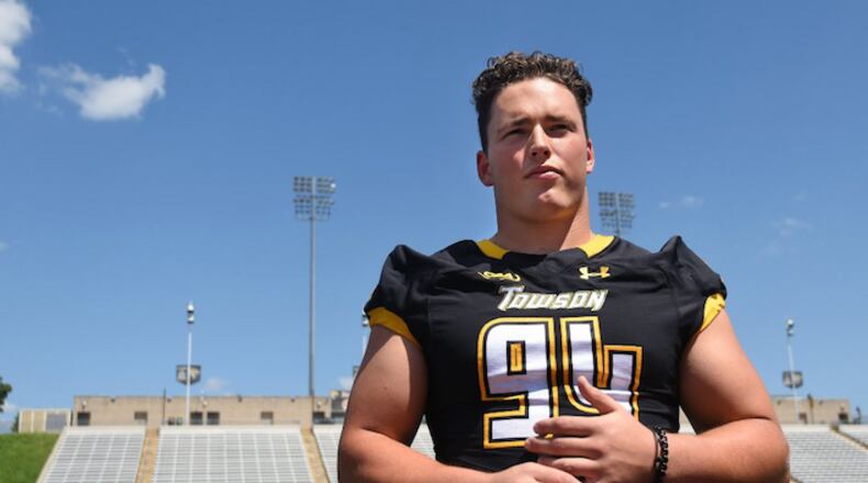 Tibo Debaillie, a defensive lineman at Towson University, at Johnny Unitas Stadium on August 24, 2018. Debaillie is from Gistel, Belguim, and played semi-pro football. (Kim Hairston/Baltimore Sun/TNS)