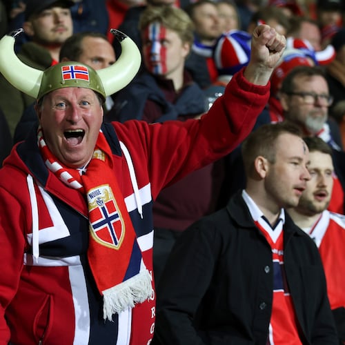 FILE - A Norway fan cheers during a Group I, World Cup qualifier soccer match between Moldova and Norway at the Zimbru stadium in Chisinau, Moldova, Saturday, March 22, 2025. (AP Photo/Aurel Obreja, File)