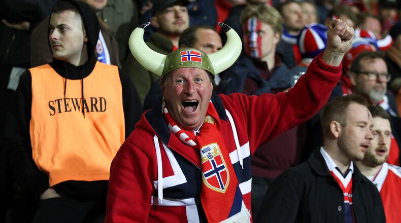 FILE - A Norway fan cheers during a Group I, World Cup qualifier soccer match between Moldova and Norway at the Zimbru stadium in Chisinau, Moldova, Saturday, March 22, 2025. (AP Photo/Aurel Obreja, File)