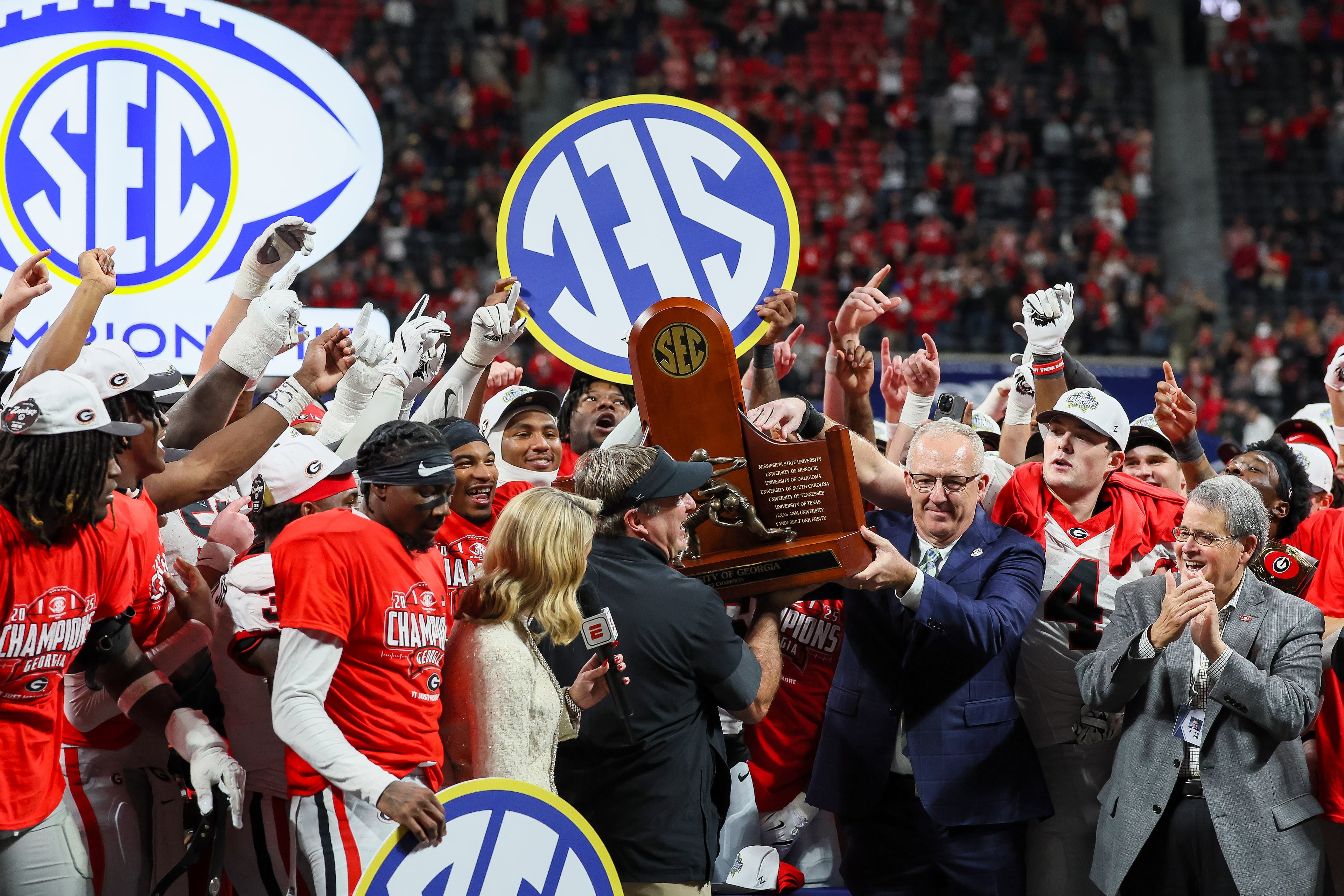 Georgia head coach Kirby Smart celebrates a 28-7 victory over Alabama in the SEC Championship game at Mercedes-Benz Stadium, Saturday, Dec. 6, 2025, in Atlanta. (Jason Getz / AJC)