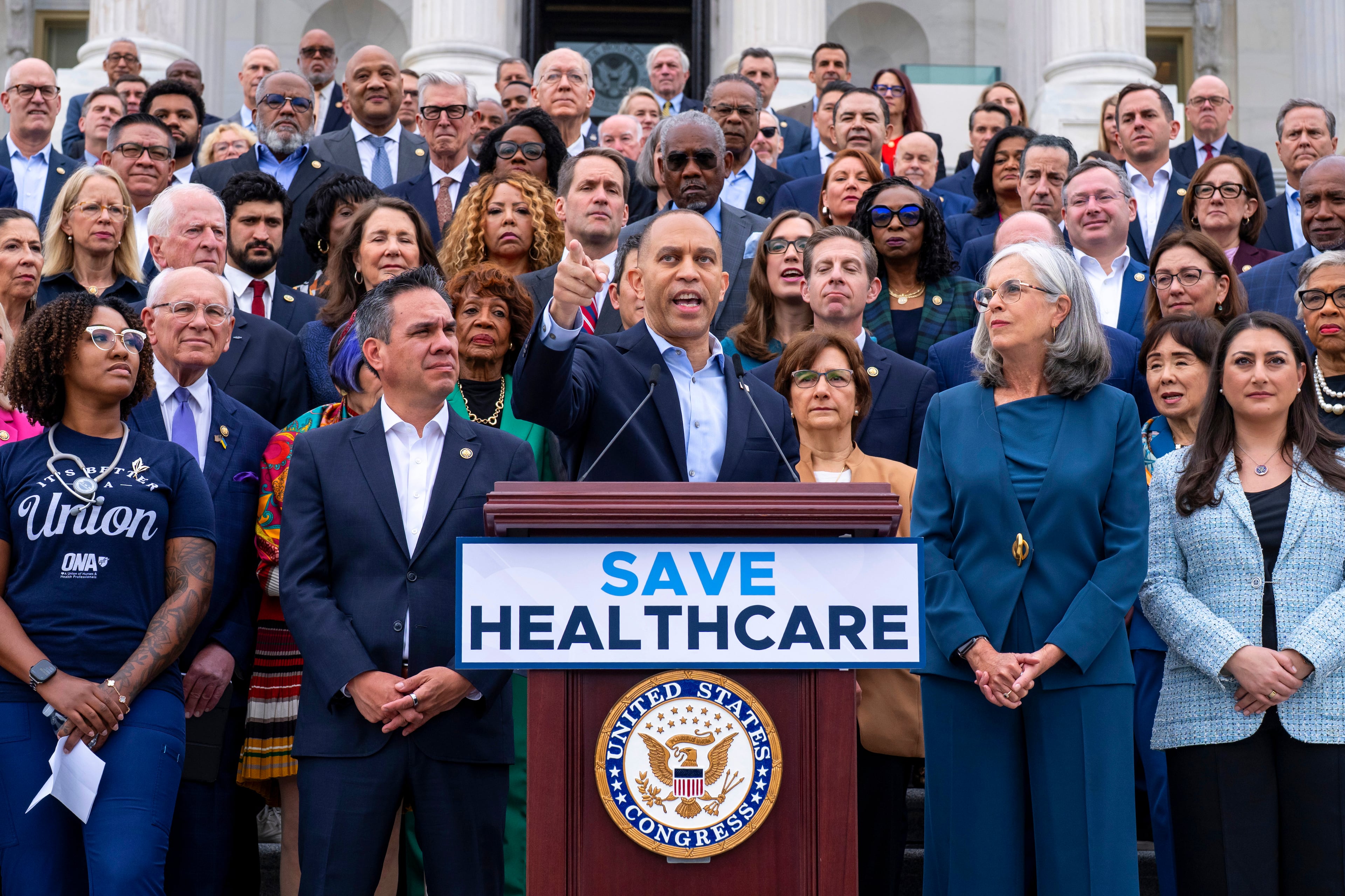 House Minority Leader Hakeem Jeffries, D-N.Y., spoke about Democrats battle to extend expiring health care benefits as part of a government funding compromise on Tuesday.