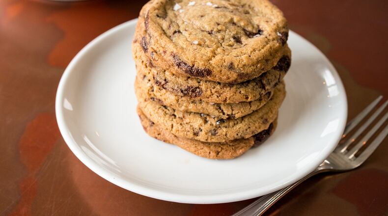 Stack of whole wheat double chocolate chip cookies from 8Arm's Sarah Dodge. / Photo credit- Mia Yakel