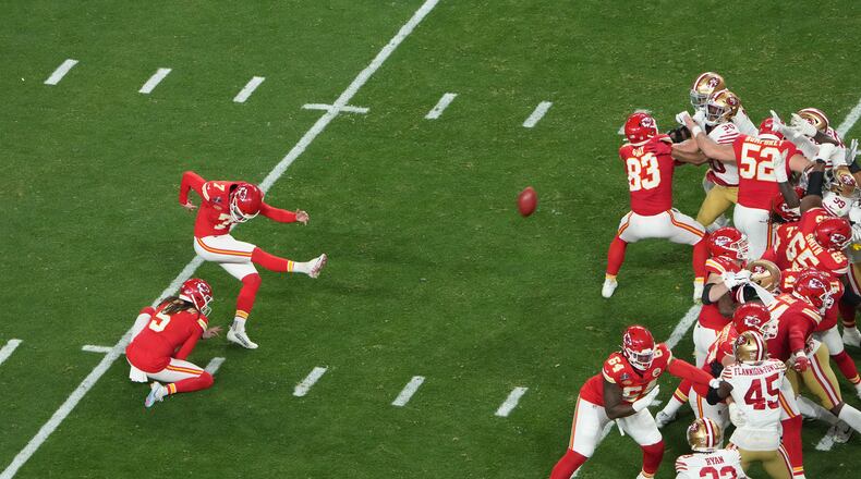 Kansas City Chiefs kicker Harrison Butker (7) kicks the ball and scores a field goal agains the San Francisco 49ers during the fourth quarter of Super Bowl LVIII at Allegiant Stadium in Las Vegas on Sunday, Feb. 11, 2024. (Doug Mills/The New York Times)