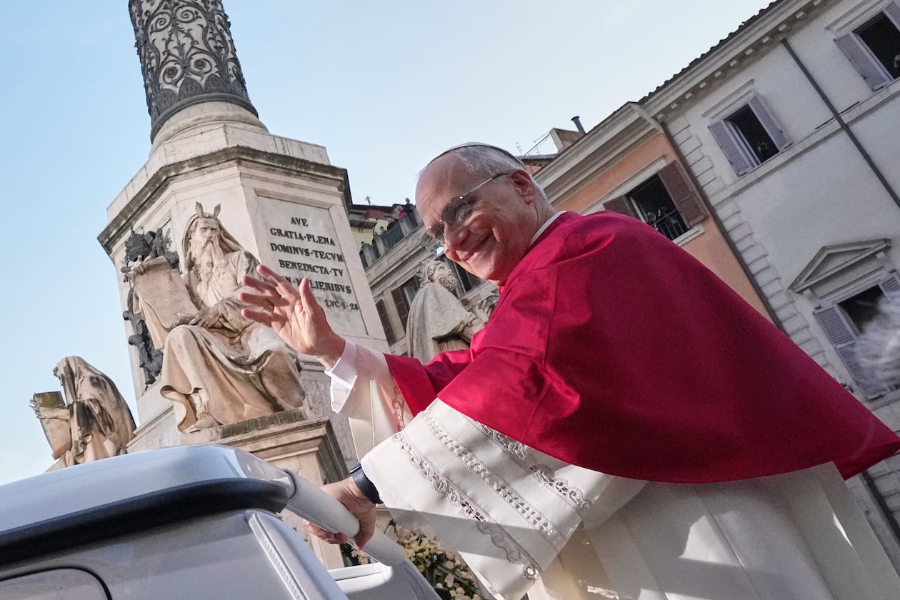 Pope Leo XIV leaves after praying in front of the statue of the Virgin Mary next to the Spanish Steps in Rome, Monday, Dec. 8, 2025, on the Catholic Feast of the Immaculate Conception. (AP Photo/Andrew Medichini)