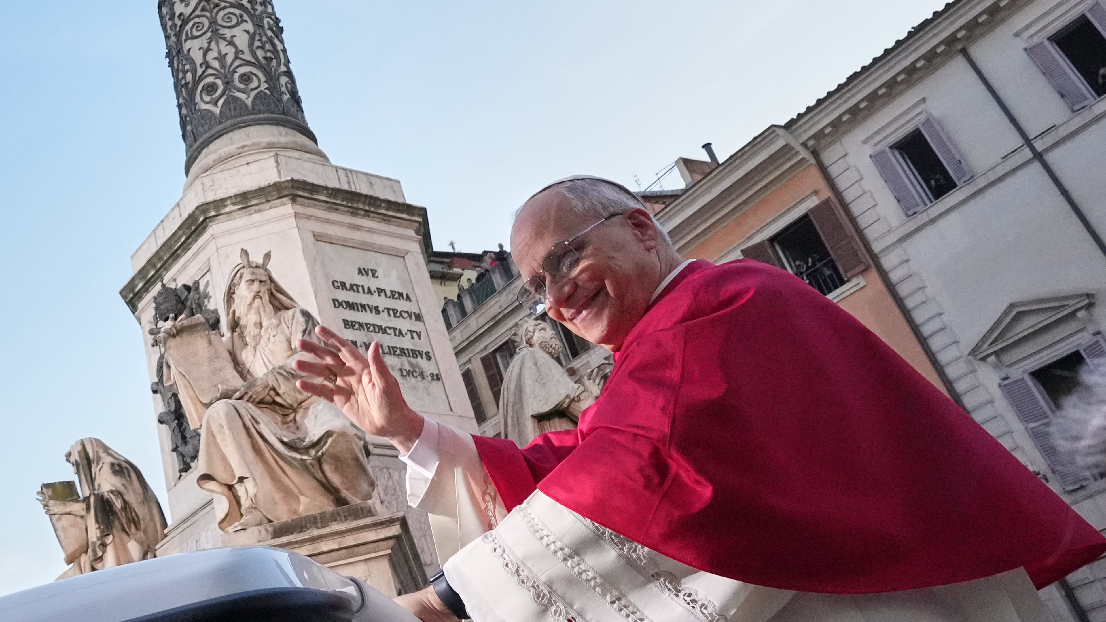 Pope Leo XIV leaves after praying in front of the statue of the Virgin Mary next to the Spanish Steps in Rome, Monday, Dec. 8, 2025, on the Catholic Feast of the Immaculate Conception. (AP Photo/Andrew Medichini)