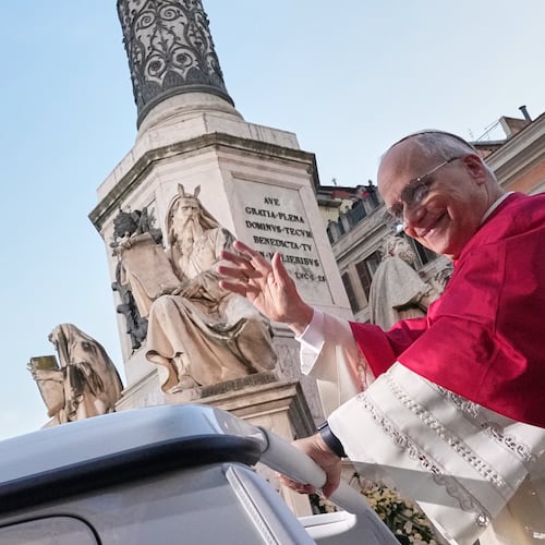 Pope Leo XIV leaves after praying in front of the statue of the Virgin Mary next to the Spanish Steps in Rome, Monday, Dec. 8, 2025, on the Catholic Feast of the Immaculate Conception. (AP Photo/Andrew Medichini)