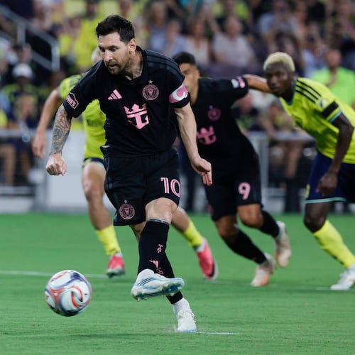 Inter Miami CF offense Lionel Messi (10) kicks a penalty during the first half of an MLS soccer match against the Nashville SC, Saturday, Aug. 15, 2026, in Nashville, Tenn. (AP Photo/Butch Dill)