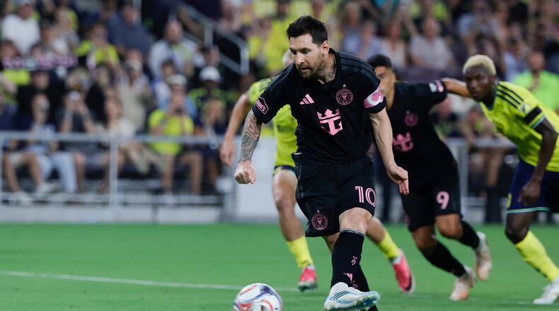Inter Miami CF offense Lionel Messi (10) kicks a penalty during the first half of an MLS soccer match against the Nashville SC, Saturday, Aug. 15, 2026, in Nashville, Tenn. (AP Photo/Butch Dill)