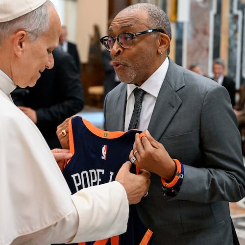 Pope Leo XIV meets with Spike Lee during an audience with and stars directors from the cinema at the Vatican, Saturday, Nov. 15, 2025. (Vatican Media Via AP)