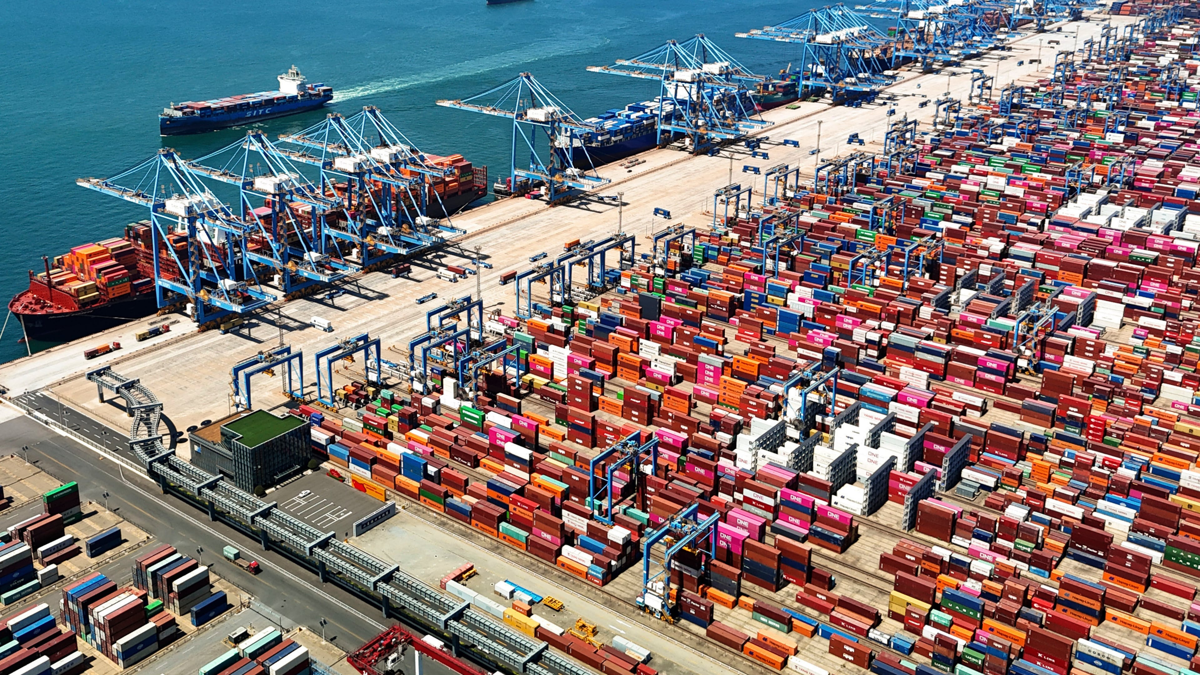 FILE - An aerial view of a container port is seen in Qingdao in east China's Shandong province, on June 6, 2024. (Chinatopix via AP, File)