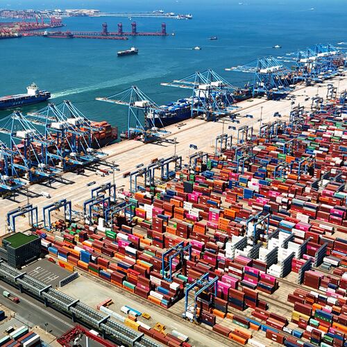 FILE - An aerial view of a container port is seen in Qingdao in east China's Shandong province, on June 6, 2024. (Chinatopix via AP, File)
