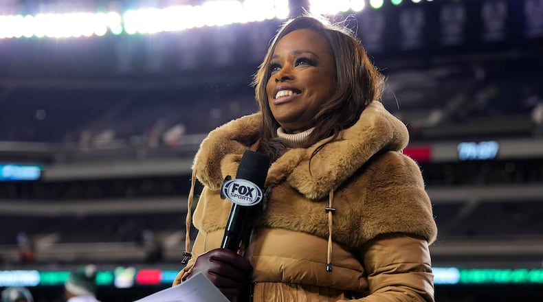 Fox reporter Pam Oliver looks on prior to a game between the New York Giants and Philadelphia Eagles in the NFC Divisional Playoff game at Lincoln Financial Field on Jan. 21, 2023, in Philadelphia. She's the longest-tenured NFL television reporter, celebrates her 30th FOX NFL season in 2024.  (Mitchell Leff/Getty Images/TNS)