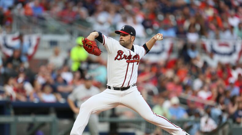 ATLANTA, GA - July 05 2017 Atlanta Braves opening pitcher #54 Jaime Garcia allows one run on the bottom of the first inning agains the Houston Astros on July 5 in Atlanta, Georgia.