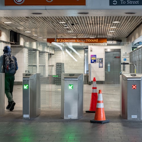 Orange cones block entry to a broken faregate at the Civic Center MARTA station on Tuesday, June 2, 2026. (Ben Hendren for the AJC)
