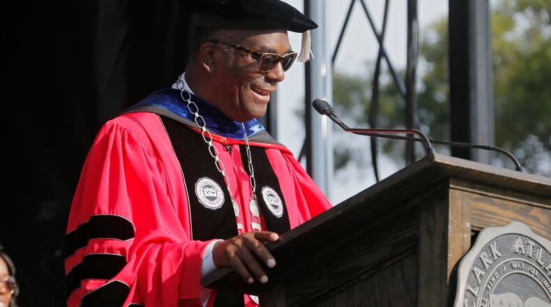 5/22/17 - Atlanta - School president Ronald Johnson address the graduates.  Clark Atlanta University's Panther Stadium was the site of their 28th annual Commencement.  Businessman William Pickard gave the commencement address.   Rev. Jesse Jackson, who received an honorary degree, also spoke.   Panther Stadium,  BOB ANDRES  /BANDRES@AJC.COM