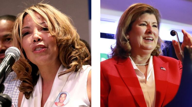 Lucy McBath (left) unseated Karen Handel in 2018, but the two are facing off again in a 2020 rematch in Georgia's 6th Congressional District. AJC file photos.