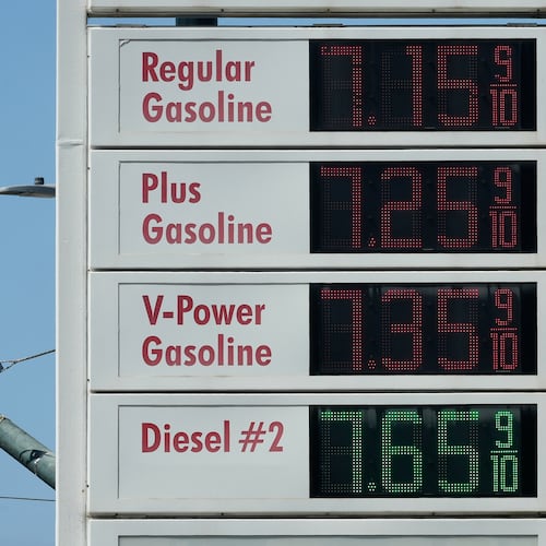 FILE - Prices are displayed on a digital gas station sign in San Francisco, April 29, 2026. (AP Photo/Jeff Chiu, File)