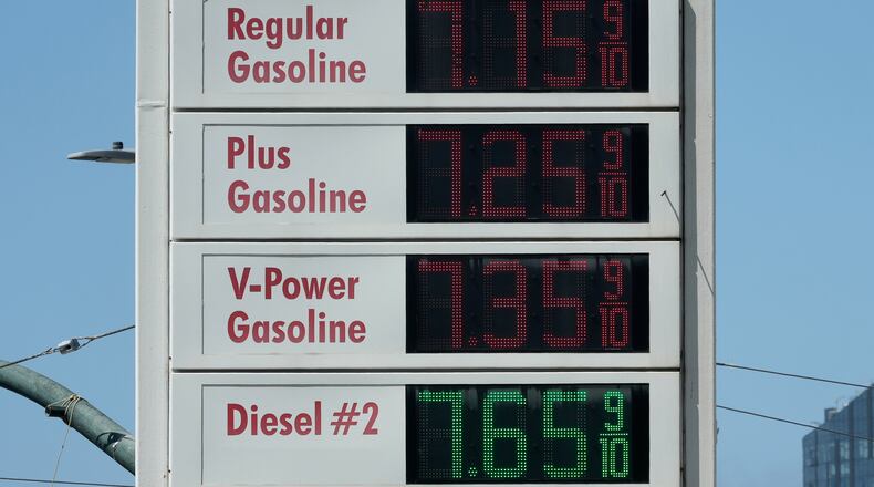 FILE - Prices are displayed on a digital gas station sign in San Francisco, April 29, 2026. (AP Photo/Jeff Chiu, File)