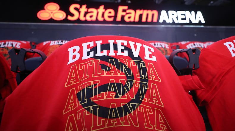 Believe Atlanta shirts for fans cover the seats in State Farm Arena at Game 6 of the NBA Eastern Conference Finals on July 3. (Curtis Compton / Curtis.Compton@ajc.com)