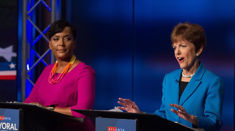 Keisha Lance Bottoms, left, and Mary Norwood during the WSB-TV Atlanta mayoral debate on December 3, 2017, in Atlanta. STEVE SCHAEFER / SPECIAL TO THE AJC