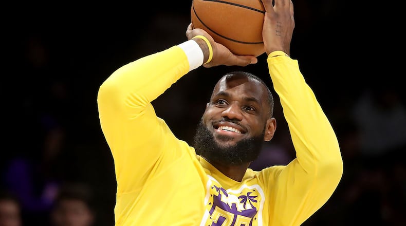 Lakers forward LeBron James warms up before the game against the Blazers at crypto.com Arena in Los Angeles on Nov. 30, 2022. (Luis Sinco/Los Angeles Times/TNS)