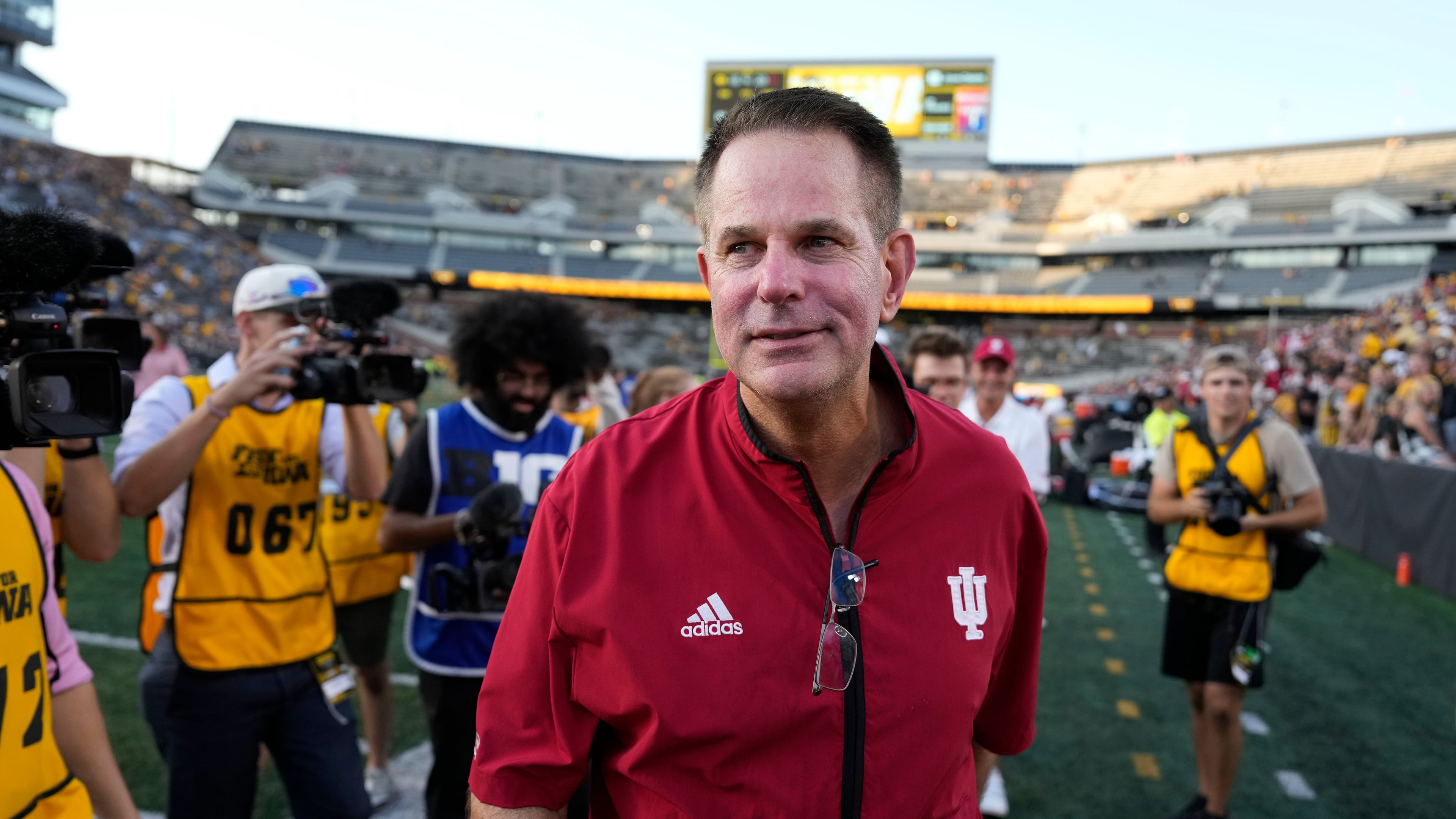 Indiana head coach Curt Cignetti walks off the field after an NCAA college football game against Iowa, Saturday, Sept. 27, 2025, in Iowa City, Iowa. (AP Photo/Charlie Neibergall)