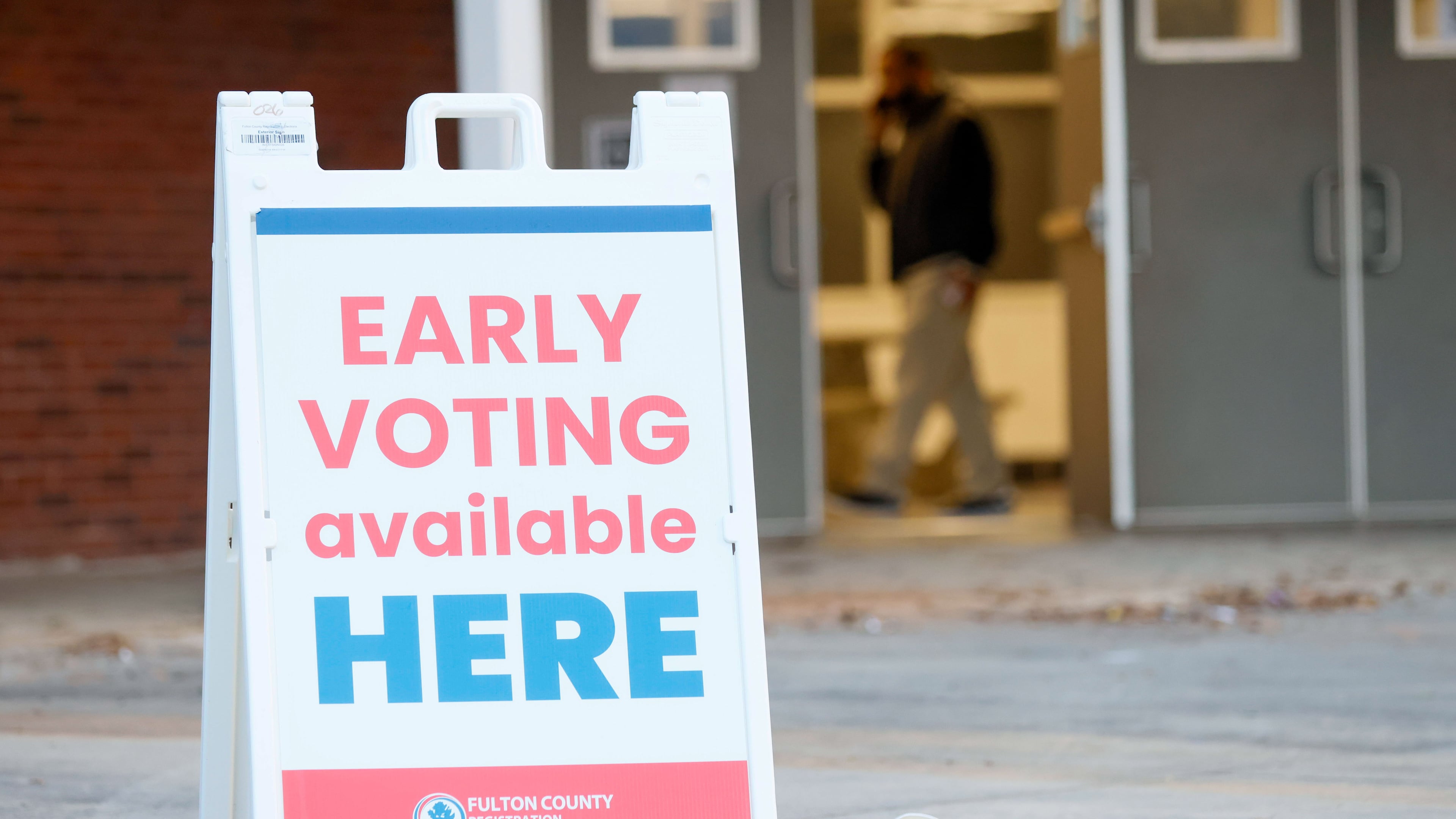 A sign is seen outside of the C.T. Martin Natatorium and Recreation Center on Monday, Feb. 19, 2024, in Atlanta. It was the first day of early voting in the Georgia presidential primary in 2024. (Miguel Martinez/AJC)