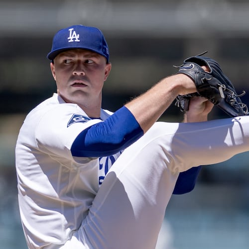 \Los Angeles Dodgers pitcher Tarik Skubal winds up to deliver during the second inning of a baseball game against the Milwaukee Brewers, Sunday, Aug. 16, 2026, in Los Angeles. (Eric Thayer/Los Angeles Times via AP)