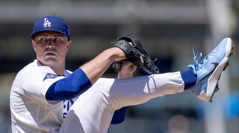 \Los Angeles Dodgers pitcher Tarik Skubal winds up to deliver during the second inning of a baseball game against the Milwaukee Brewers, Sunday, Aug. 16, 2026, in Los Angeles. (Eric Thayer/Los Angeles Times via AP)